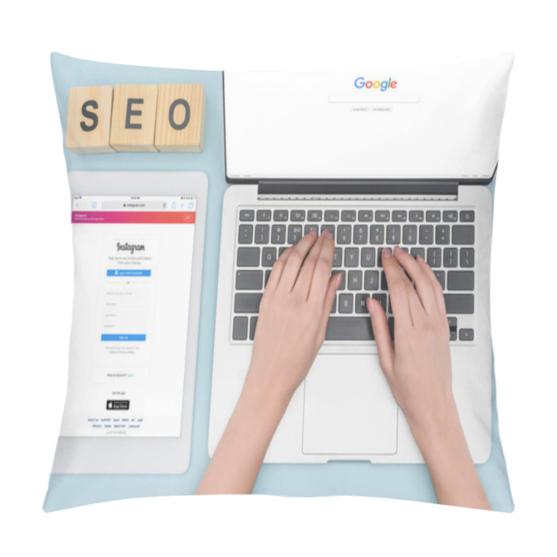 Personality  Top View Of Woman Typing On Computer Keyboard With Opened Google Browser Near Digital Tablet With Instagram App On Light Blue Background  Pillow Covers