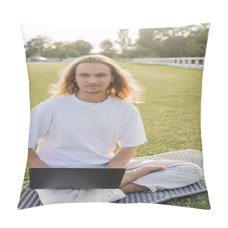 Personality  Positive Long Haired Yoga Man Sitting In Easy Pose Near Laptop And Looking At Camera On Green Lawn Pillow Covers