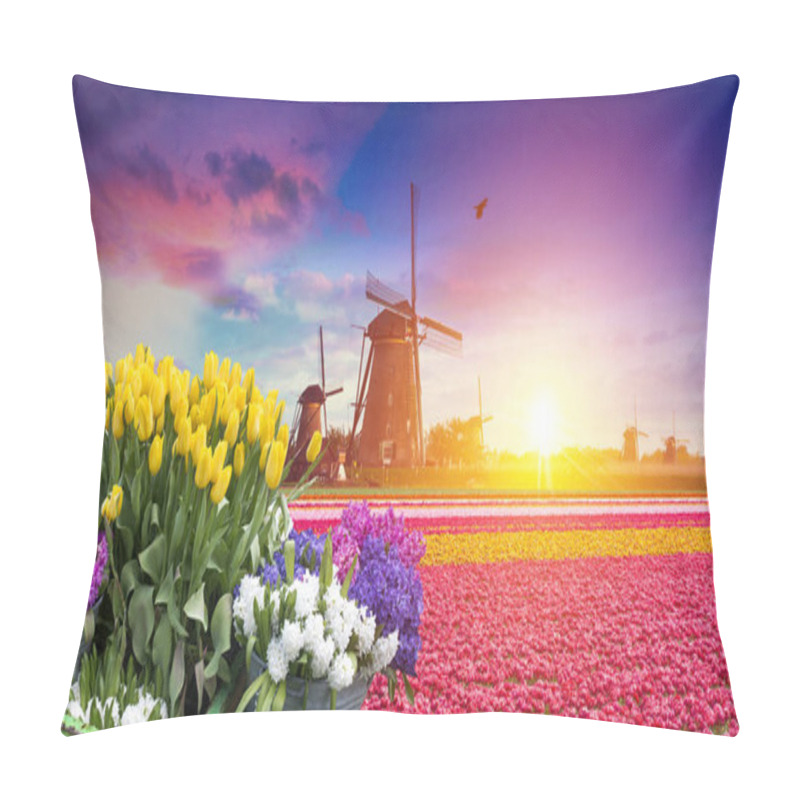 Personality  Landscape With Tulips, Traditional Dutch Windmills And Houses Near The Canal In Zaanse Schans, Netherlands, Europe. Pillow Covers