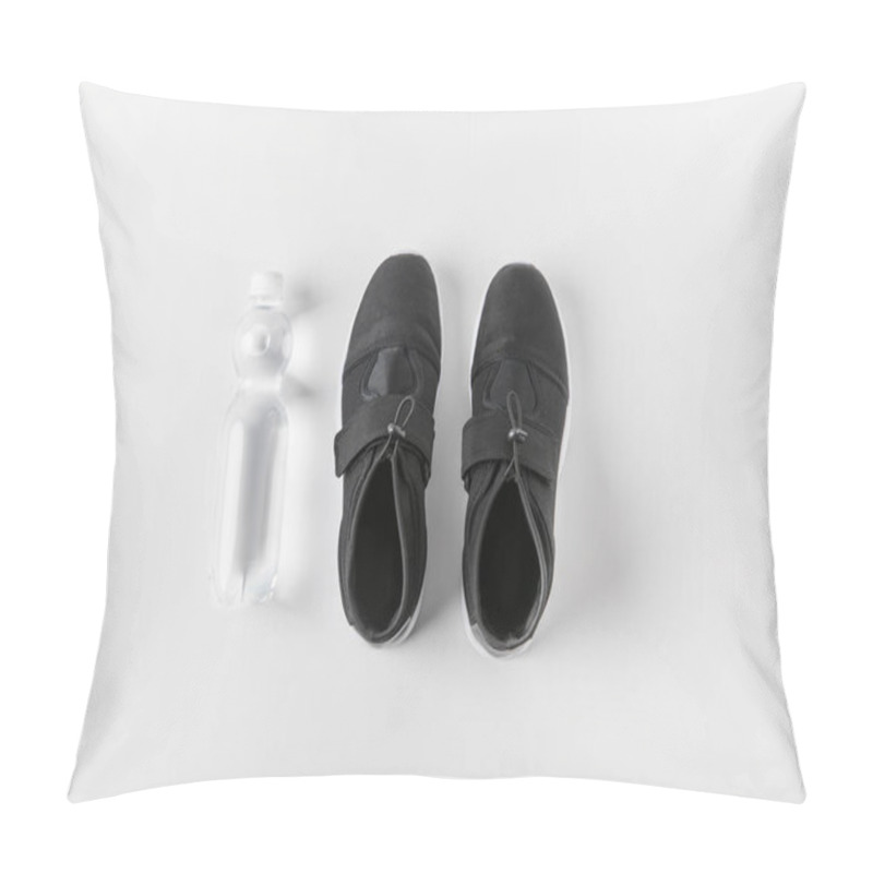 Personality  Top View Of Water Bottle And Sneakers On White Surface Pillow Covers