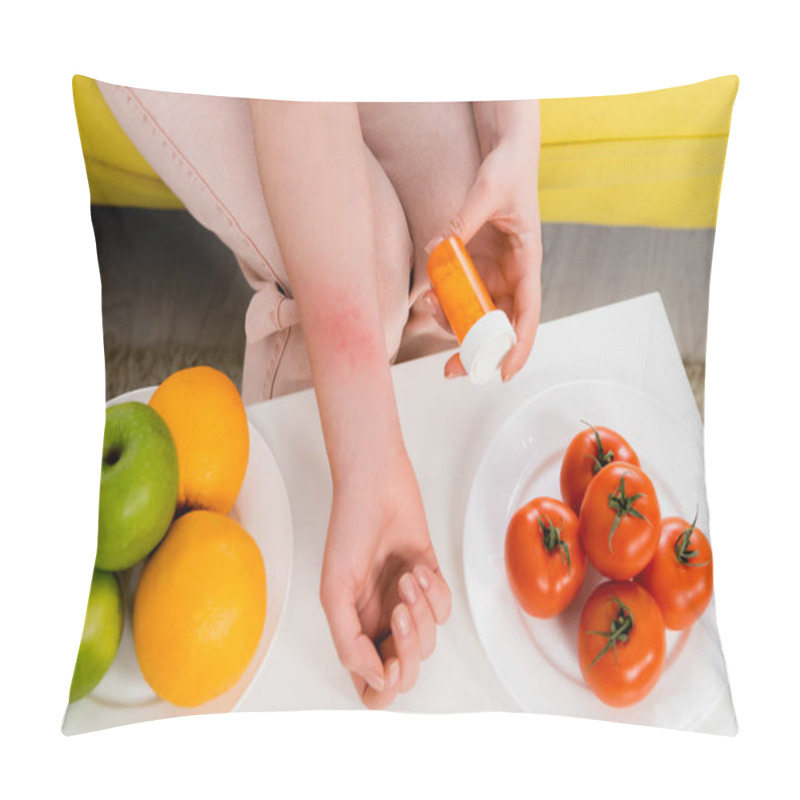 Personality  Cropped View Of Woman With Allergy Holding Pills Near Fresh Fruits And Tomatoes  Pillow Covers