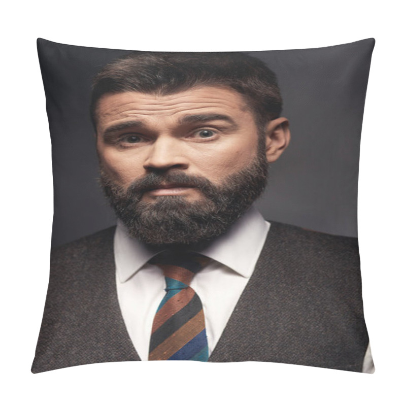 Personality  Studio Portrait Of Serious Attractive Man With Dark Hair And Mustache In White Shirt, Brown Vest, Colorful Tie. Old Fashioned Style, Gentleman. Pillow Covers