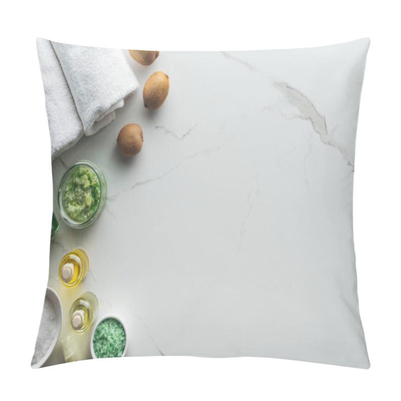 Personality  Top View Of Natural Ingredients For Handmade Cosmetics, Towels And Bottles On White Surface Pillow Covers