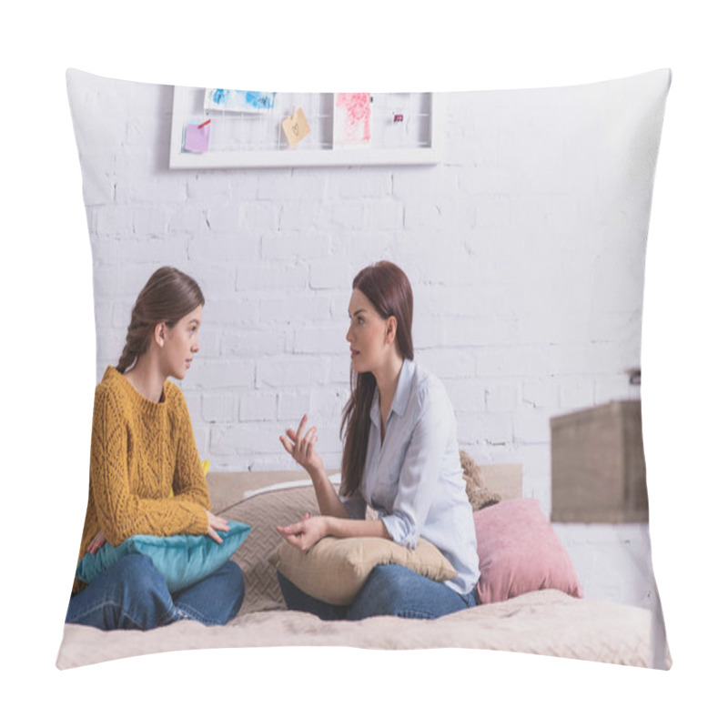 Personality  Mother Gesturing While Talking With Teenage Daughter In Bedroom Pillow Covers