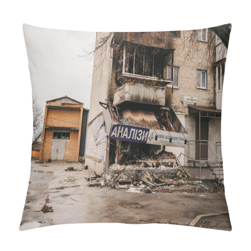 Personality  Borodyanka, Kyiv Region, Ukraine. April 08, 2022: Destroyed Building After Russian Occupation  Pillow Covers