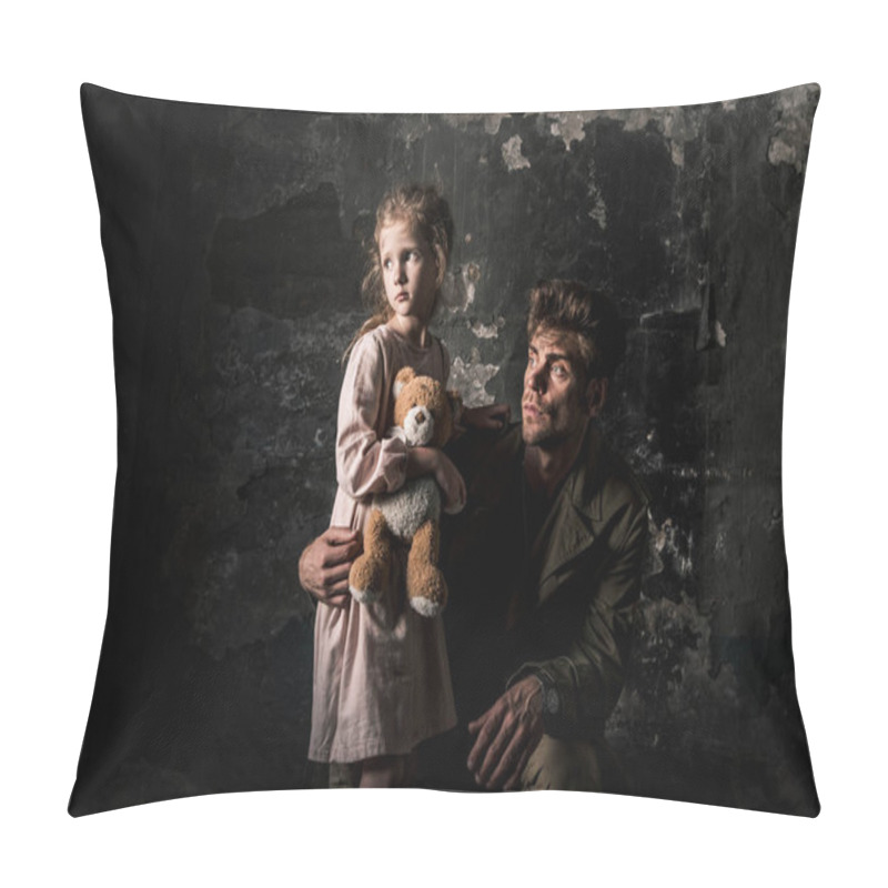 Personality  Upset Man Sitting Near Kid With Teddy Bear In Dirty Room, Post Apocalyptic Concept Pillow Covers