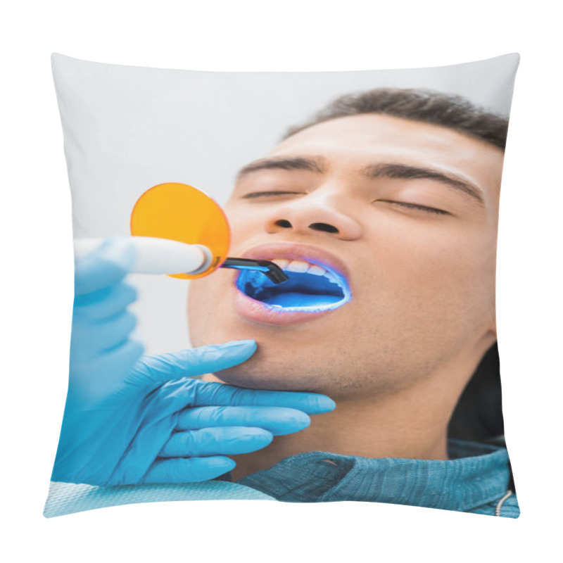 Personality  Close Up Of Handsome African American Man With Open Mouth During Whitening Procedure  Pillow Covers