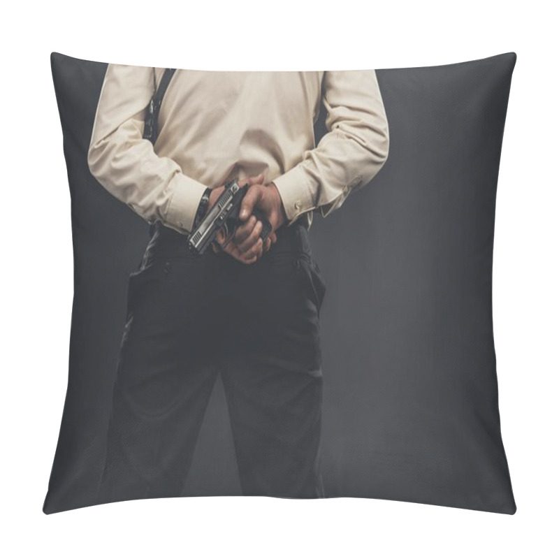 Personality  Back View Of Man In Shirt Holding Gun Behind Back Pillow Covers