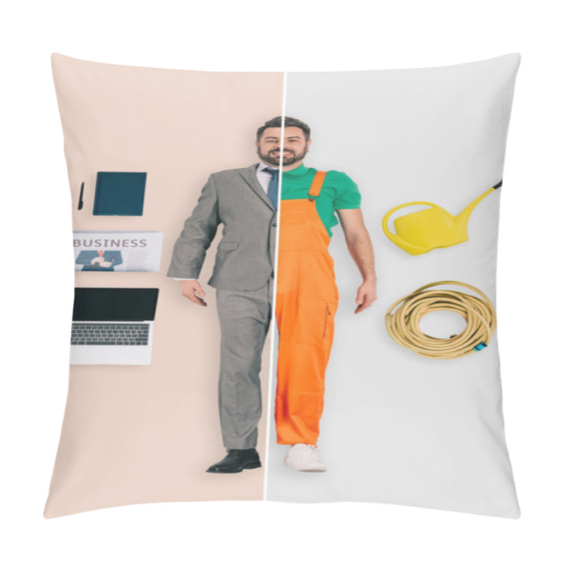 Personality  Young Man In Two Occupations Of Gardener And Businessman On Different Backgrounds Pillow Covers