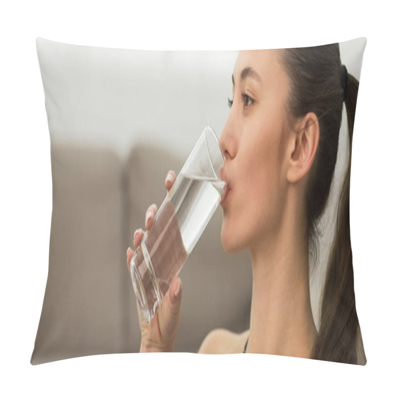 Personality  Healthy Liquid. Woman Drinking Cold Still Water From Glass Pillow Covers