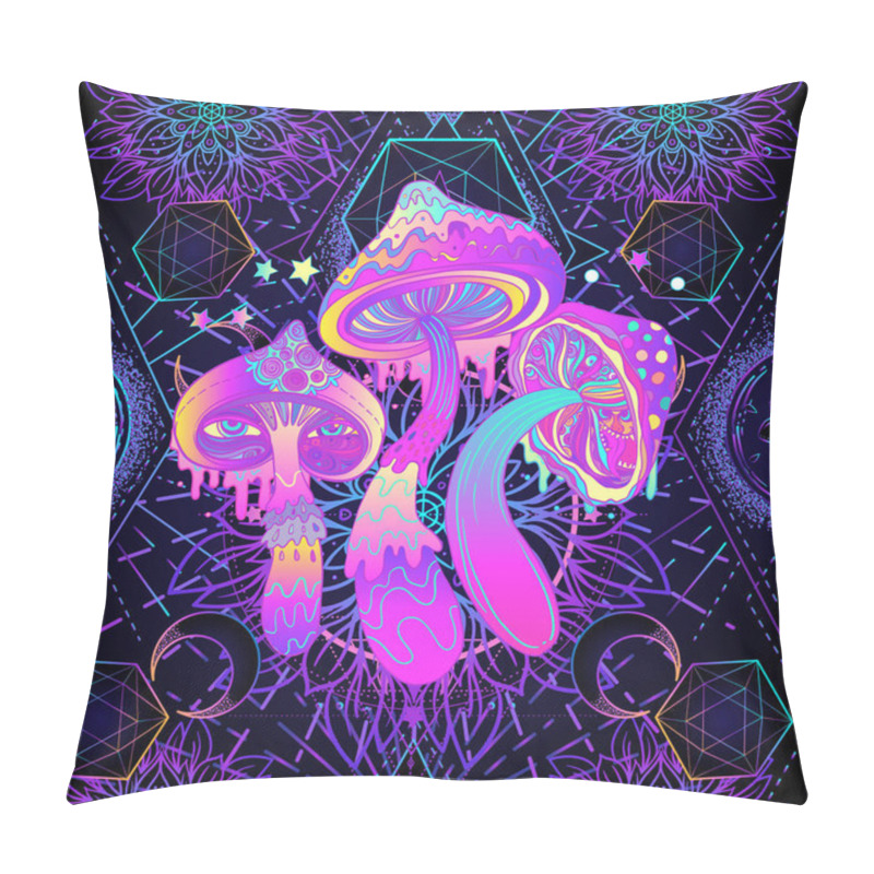 Personality  Psychedelic Seamless Pattern With Magic Mushrooms Over Sacred Geometry. Vector Repeating Illustration. Psychedelic Concept. Rave Party, Trance Music. Pillow Covers