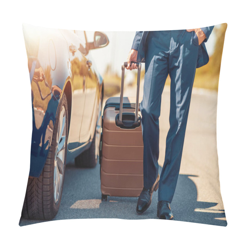 Personality  Traveling Businessman With His Luggage Near Car. Pillow Covers