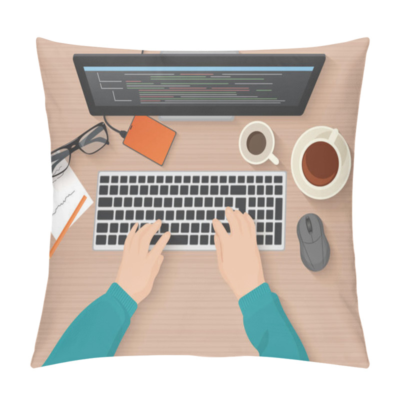 Personality  Developer Working At Computer. Programmer Hands Coding. Programming Flat Illustration Concept. Vector Top View. Pillow Covers