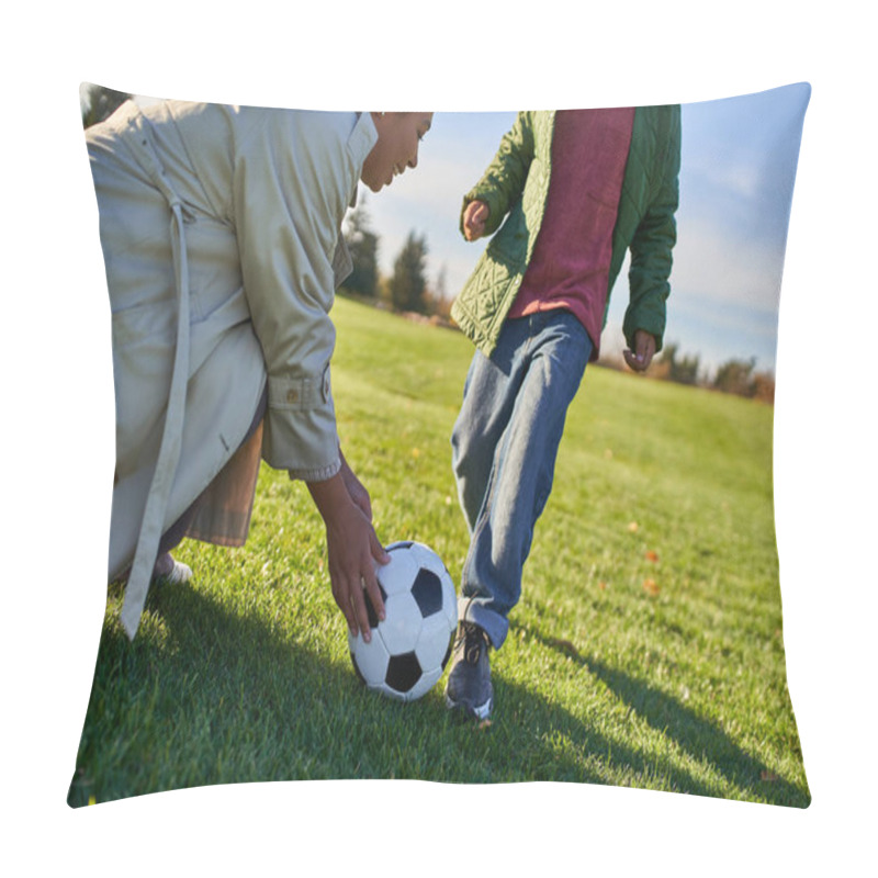 Personality  Boy Standing Near Ball, African American Woman Holding Soccer Ball, Football, Mother And Son Pillow Covers