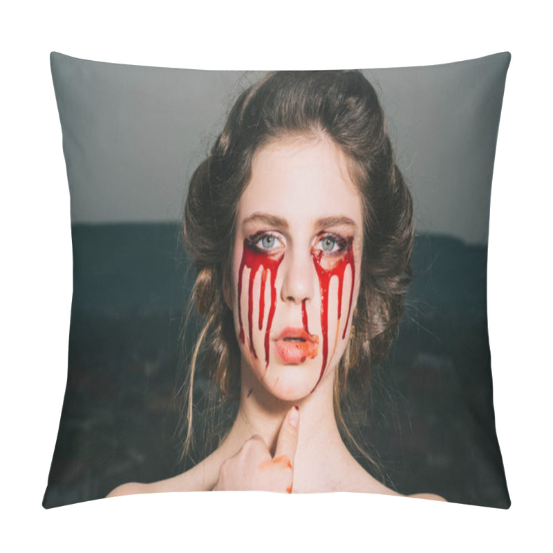 Personality  Bloody Halloween. Woman With Blood Eyes. Happy Halloween Party. Death And Scary Magic Girl With Blood Tears On Face. I Love Being Witchy. Bloody Mary Pillow Covers