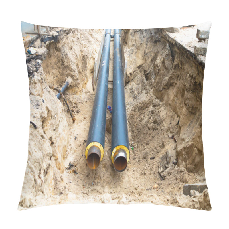 Personality  Water Pipes In Ground Pit Trench Ditch During Plumbing Under Construction Repairing. Pillow Covers