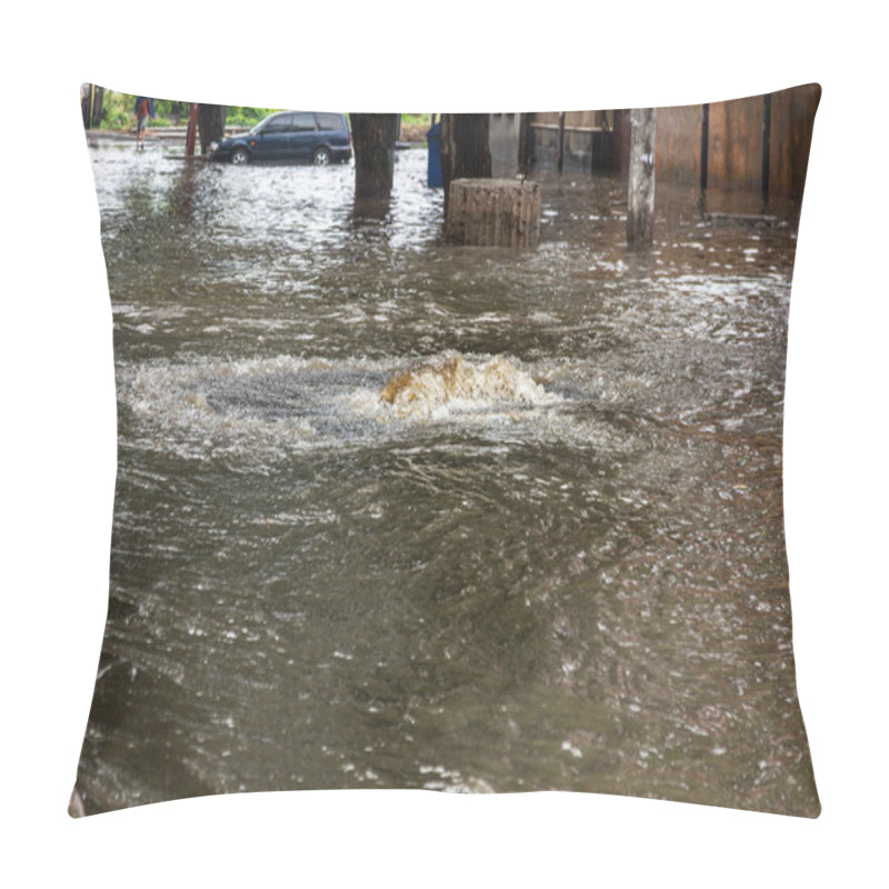 Personality  Flooding After Heavy Rains In City. Sewage Broke Open Asphalt And Blew Up Fountain. Dirty Sewage Broke Through Storm Sewer And Spilled Onto Streets Of City After Rain. Danger Of Epidemic And Infection Pillow Covers