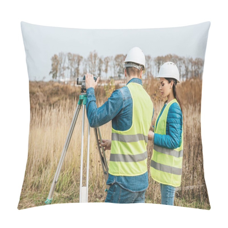 Personality  Surveyors Working With Digital Level In Field Pillow Covers