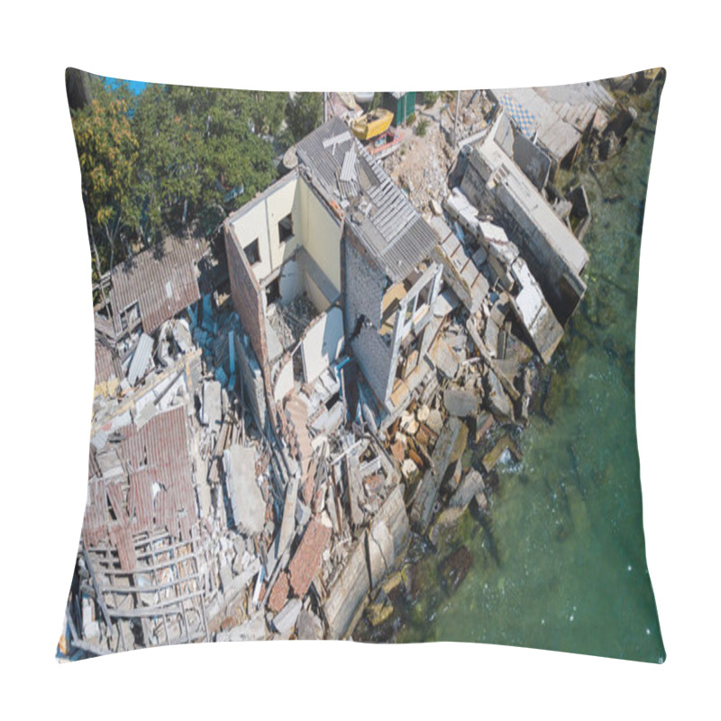 Personality  The Destroyed House After The Earthquake On The Seashore. Pillow Covers