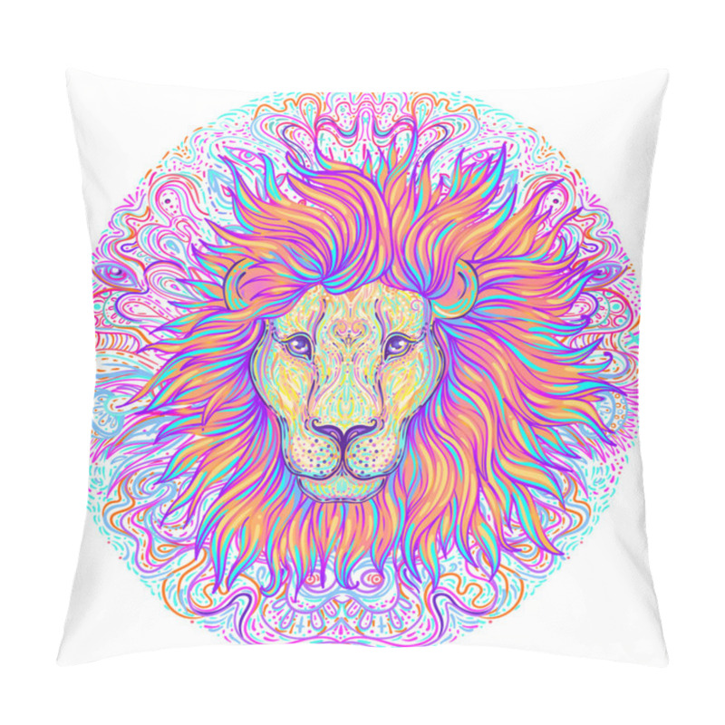 Personality  Patterned Ornate Lion Head. African, Indian, Totem, Tattoo, Sticker Design. Design Of T-shirt, Bag, Postcard And Posters. Vector Isolated Illustration In Bright Neon Colors. Pillow Covers