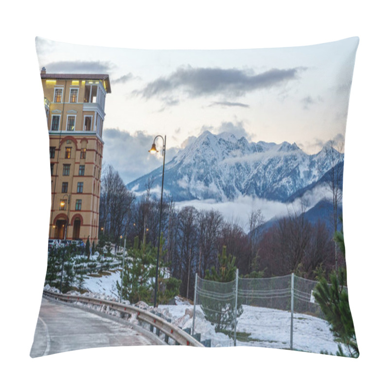 Personality  Sochi, Russia - January 6, 2018: Twilight Townscape Of Gorky Gorod Mountain Ski Resort On Snowy Mountain Peak Background. Pillow Covers