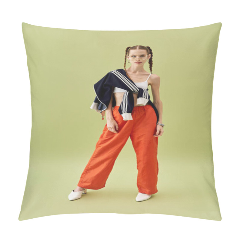 Personality  Beautiful Young Woman Stands Confidently In Vibrant Clothing While Dealing With Anorexia. Pillow Covers