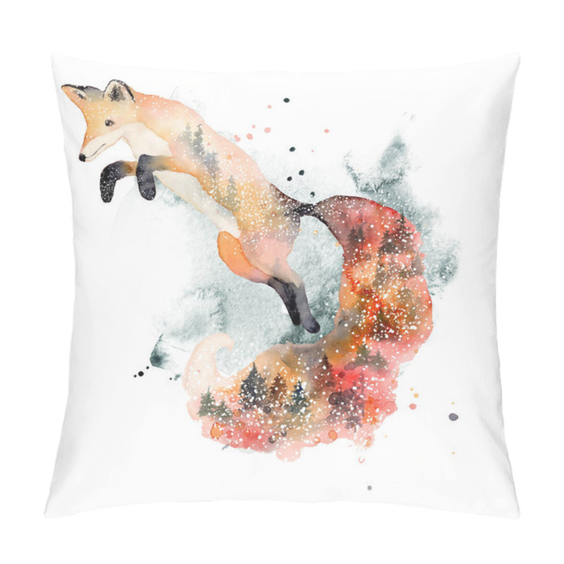 Personality  Watercolor Fox With Double Exposure Effect Animal Illustration Isolated On White Background. Pillow Covers