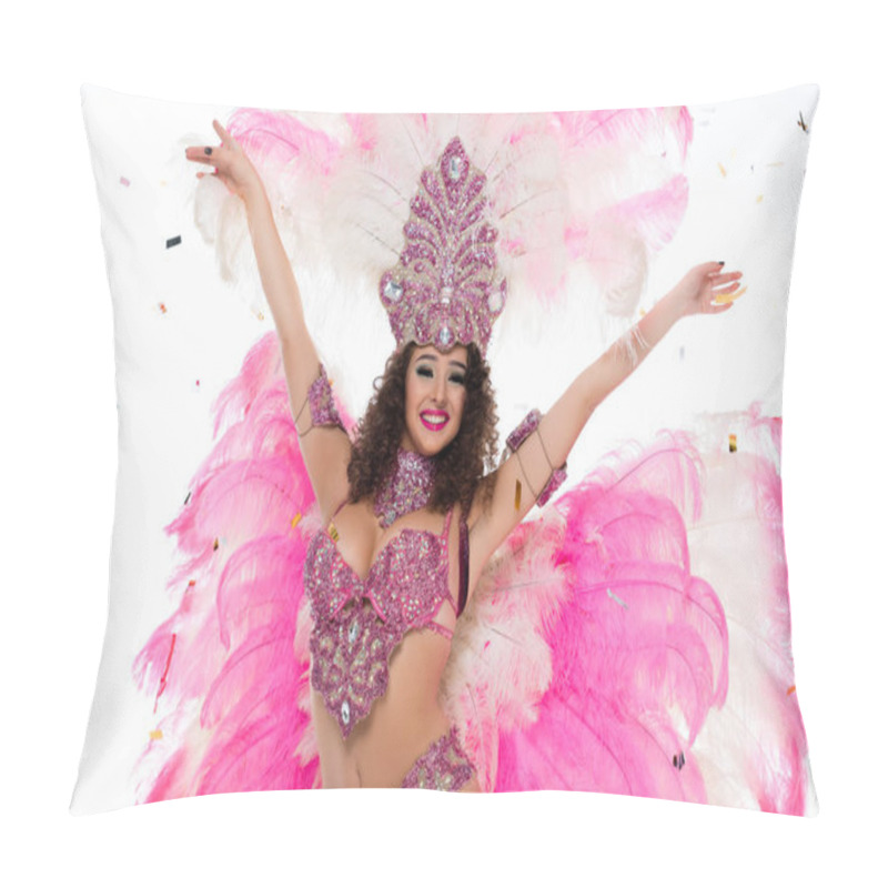 Personality  Happy Woman In Carnival Costume Standing With Arms Outstretched, Isolated On White Pillow Covers