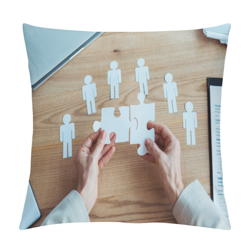 Personality  Cropped View Of Woman Holding Jigsaw Puzzle Pieces Near Table  Pillow Covers