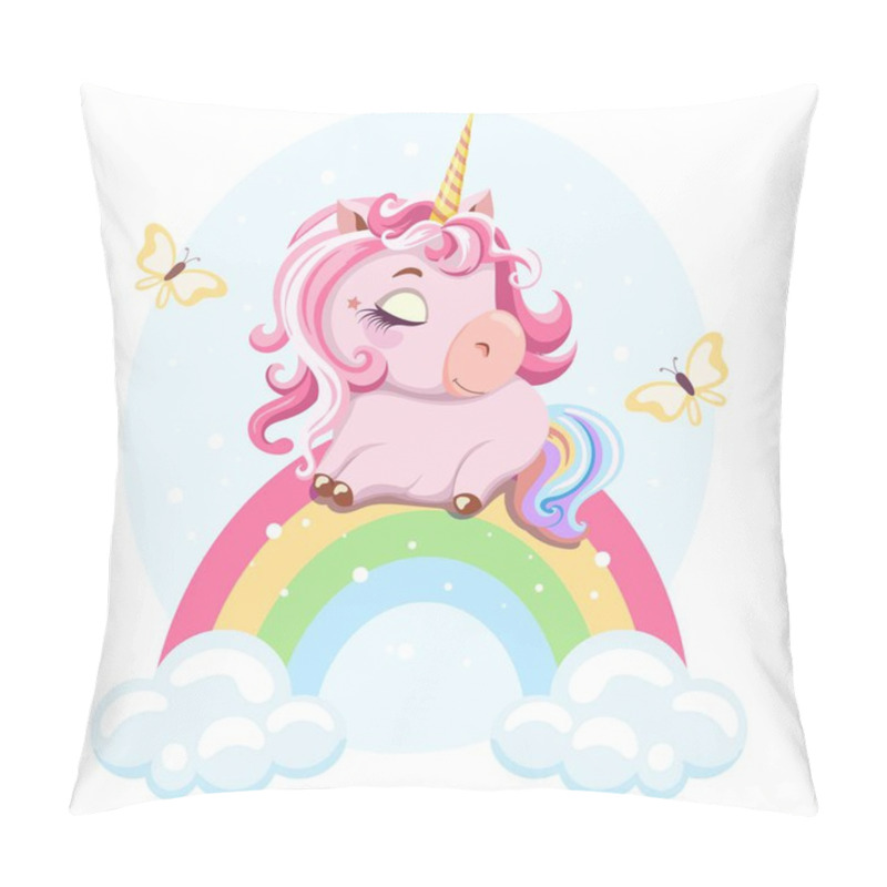 Personality  Cute Painted Pink Baby Unicorn Dreaming On A Rainbow In The Clouds With Butterflies. Template Design For Greeting Card, Baby Shower, Greeting, Birthday, Poster. Vector Illustration.  Pillow Covers