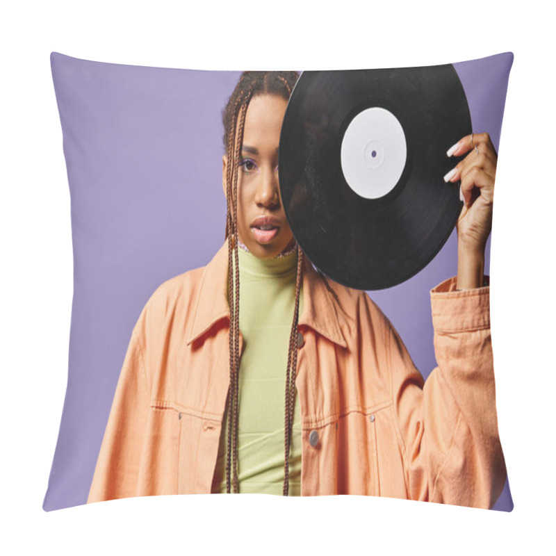 Personality  African American Woman In Her 20s With Dreadlocks Covering Half Of Face With Vinyl Disc On Purple Pillow Covers