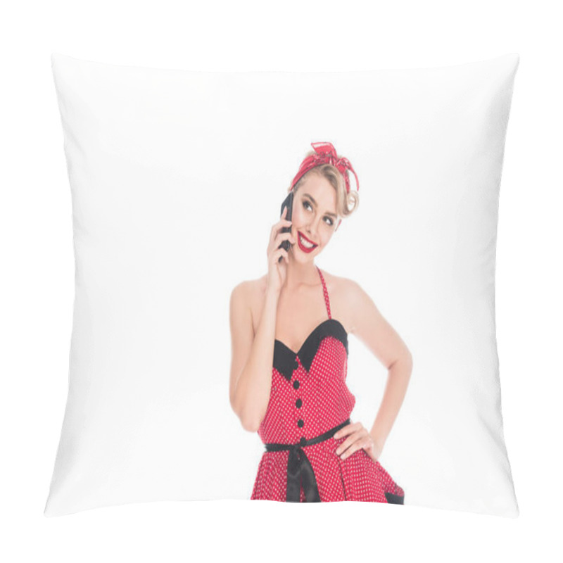 Personality  Portrait Of Beautiful Woman In Retro Clothing Talking On Smartphone Isolated On White Pillow Covers