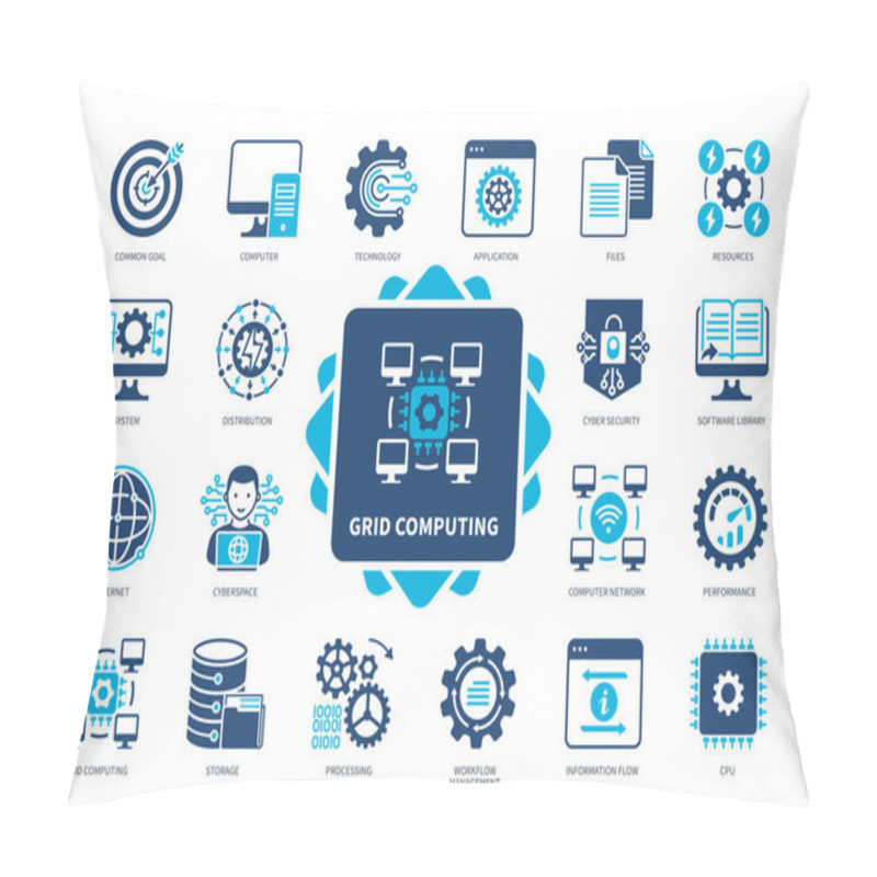 Personality  Grid Computing Icon Set. Common Goal, Files, Distribution, System, Resources, Processing, Cyberspace, Technology. Duotone Color Solid Icons Pillow Covers