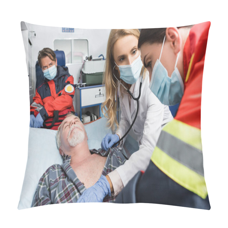 Personality  Selective Focus Of Doctor With Stethoscope Looking At Paramedic In Medical Mask And Sick Patient In Ambulance Car  Pillow Covers