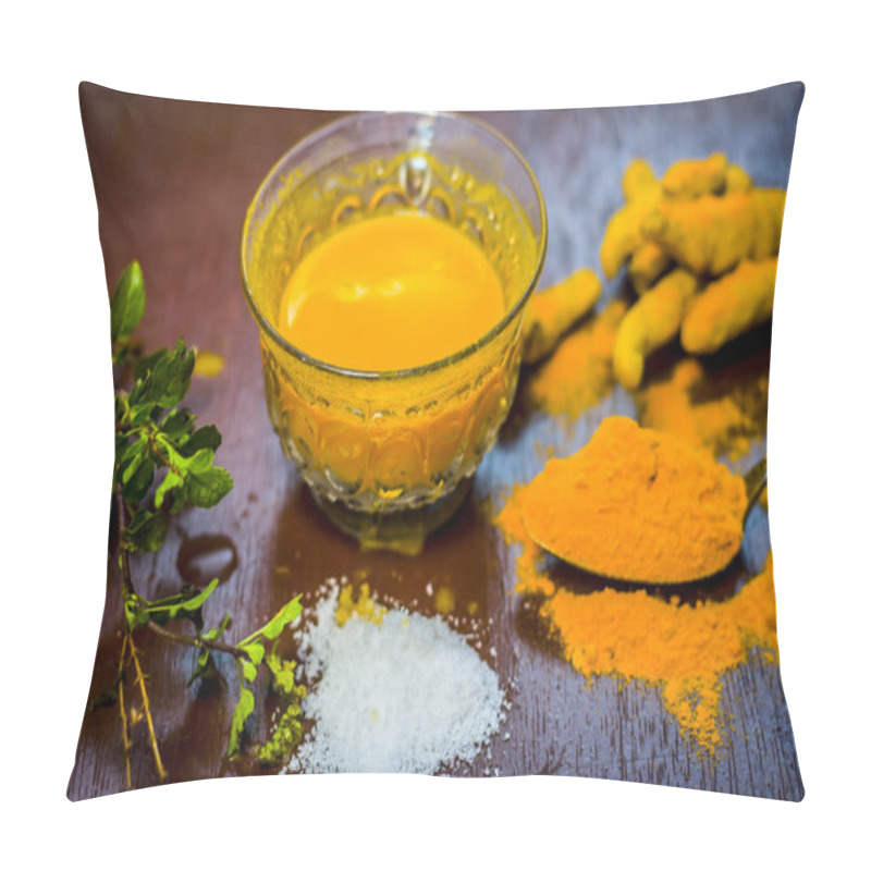 Personality  Close Up Of Ingredients Of Ayurvedic Treatment Of Cough I.e. Turmeric,Curcuma Longa,salt,sodium Chloride,and Oil. Pillow Covers