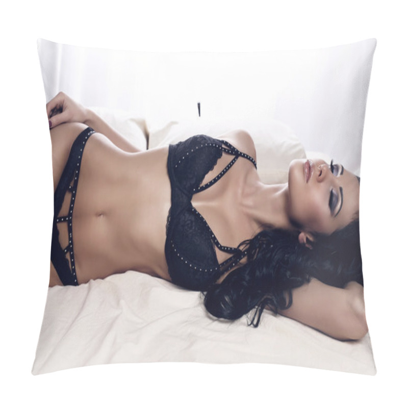 Personality  Sexy Beautiful Woman With Dark Hair Wearing Elegant Black Lingerie  Pillow Covers