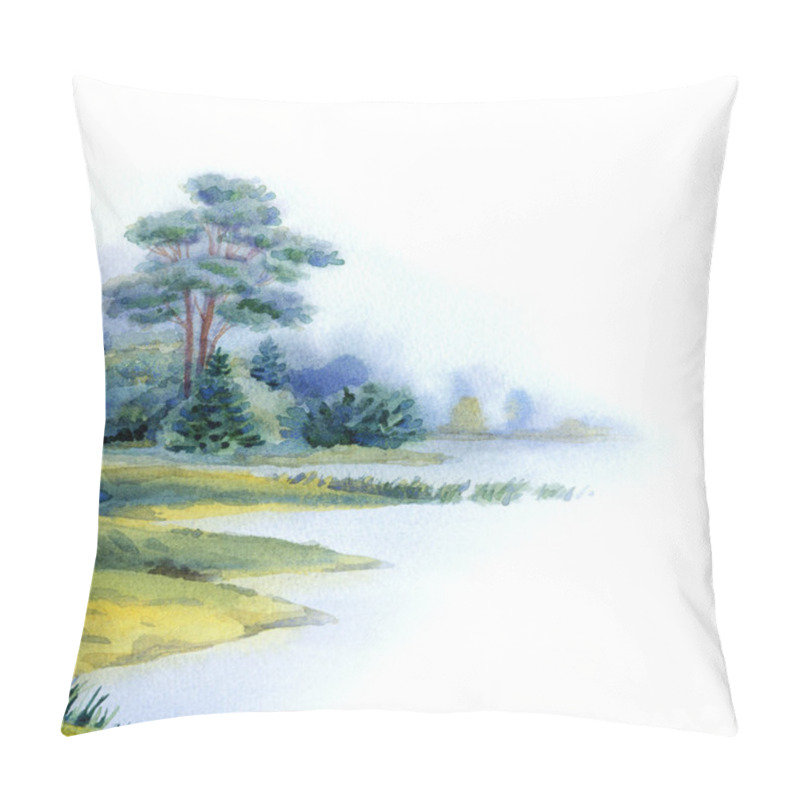 Personality  Hand Drawn Light Watercolour Artwork Paint Sketch On Paper Backdrop Text Space. Grey Color Dark Calm Rural Meadow Fall Mist Smoke Sea Scenic View. Shrub Thicket Plant Park. Haze White Creek Bay Scene Pillow Covers