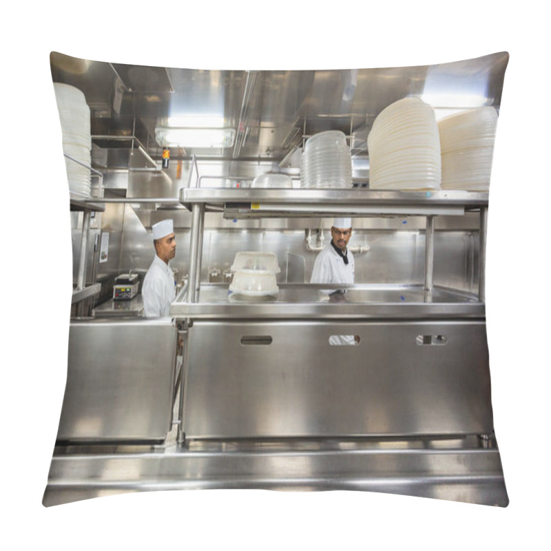 Personality  Behind The Scenes View Of Food Preparation In The Kitchen, Galley On Board A Large Cruise Ship At Sea In Queen Victoria In The Baltic Sea On 24 July 2019 Pillow Covers