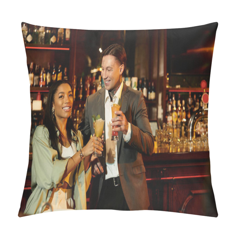 Personality  A Young Multicultural Couple Enjoys Cocktails While Laughing And Having A Fun Night Out. Pillow Covers