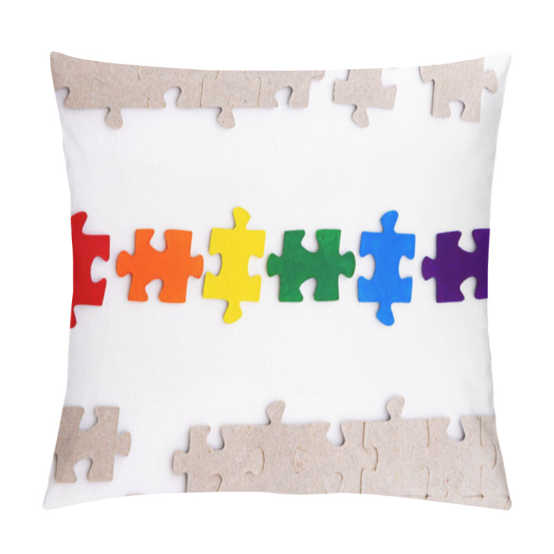 Personality  LGBT Pride Flag, Built From A Puzzle, Among Gray Puzzles, Short Focus, On A White Background, Top View Pillow Covers