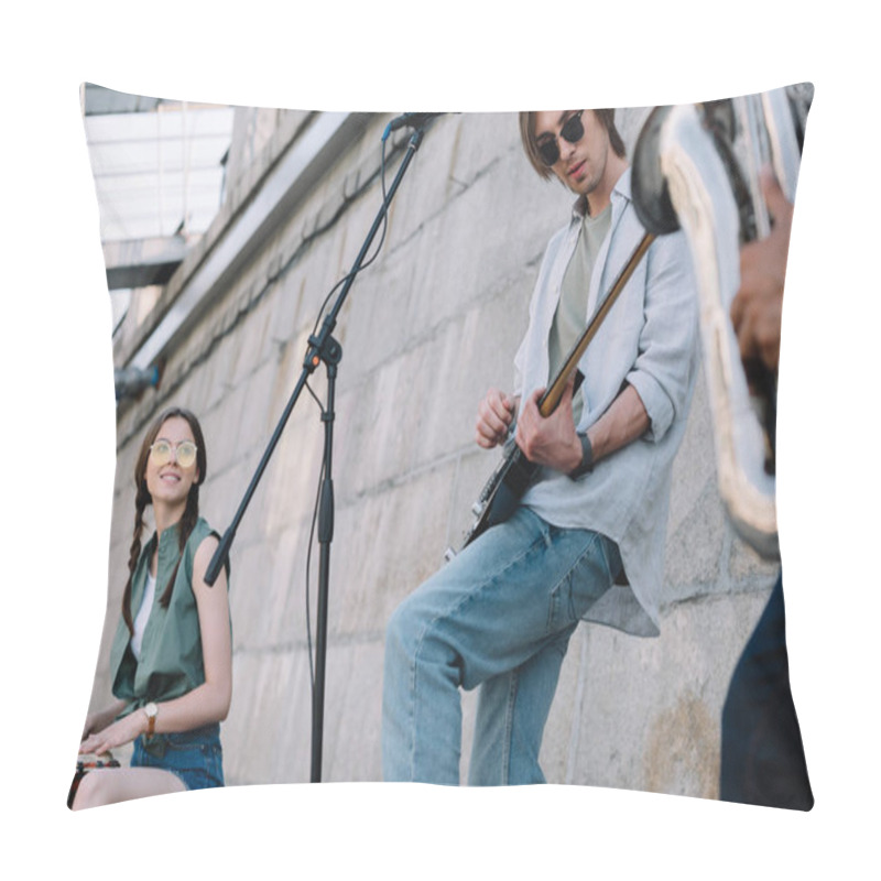 Personality  Young Happy Buskers With Guitar, Drum And Saxophone At City Street Pillow Covers