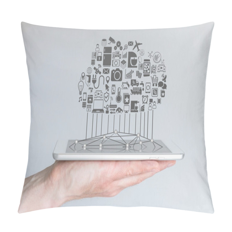 Personality  Hand Holding Tablet Or Modern Smart Phone With Cloud Of Connected Devices For Internet Of Things And Smart Home Automation. Pillow Covers