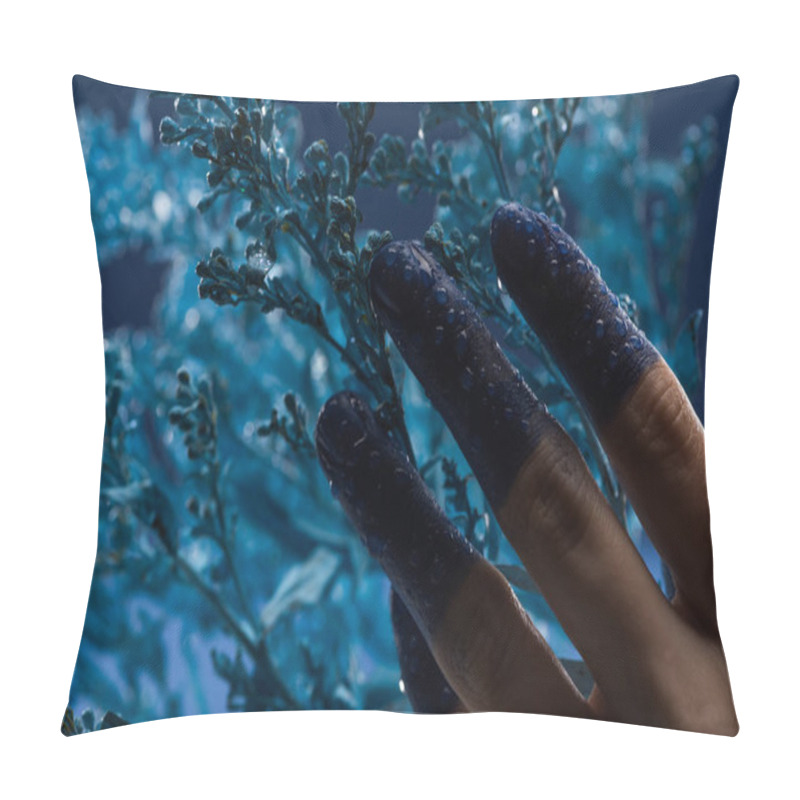 Personality  Close Up View Of Female Hand With Wet Painted Fingers Near Blue Plant Pillow Covers