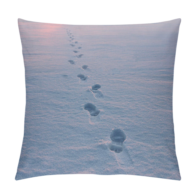 Personality  Footprints Path Crossing A Snowy Terrain, Traces On Snow, Winter Sunset, Background Pillow Covers