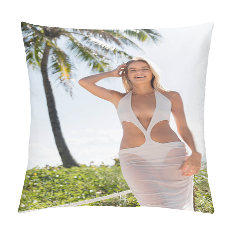 Personality  A Young Blonde Woman In A White Dress Stands Gracefully Next To A Palm Tree At Miami Beach. Pillow Covers