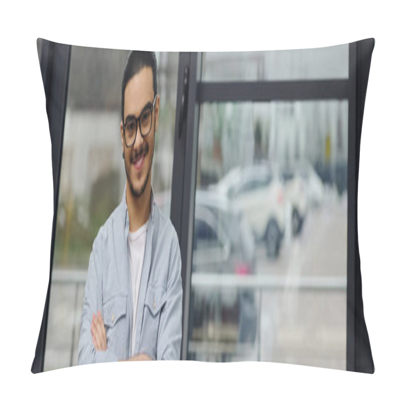 Personality  A Man With Glasses Stands Contemplatively In Front Of A Window. Pillow Covers