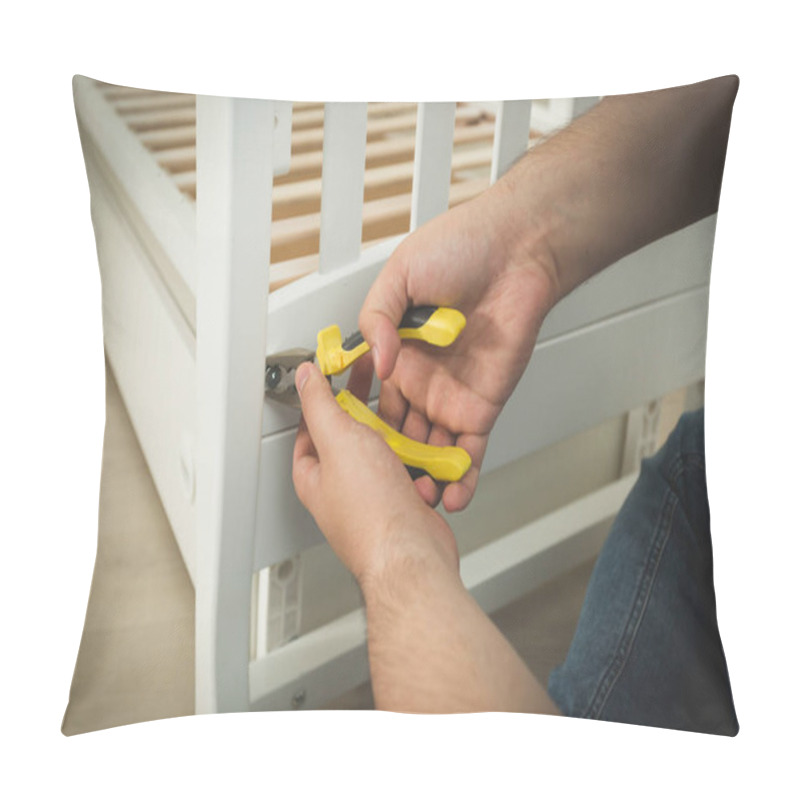 Personality  Closeup Of Man Disassembling White Wooden Bed Pillow Covers