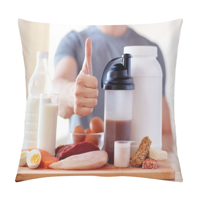 Personality  Man With Protein Food Showing Thumbs Up Pillow Covers