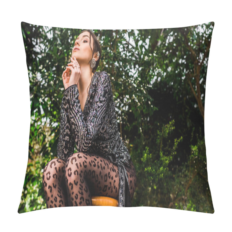 Personality  Low Angle View Of Sexy Pensive Woman In Black Pantyhose Sitting On Chair In Botanical Garden Pillow Covers