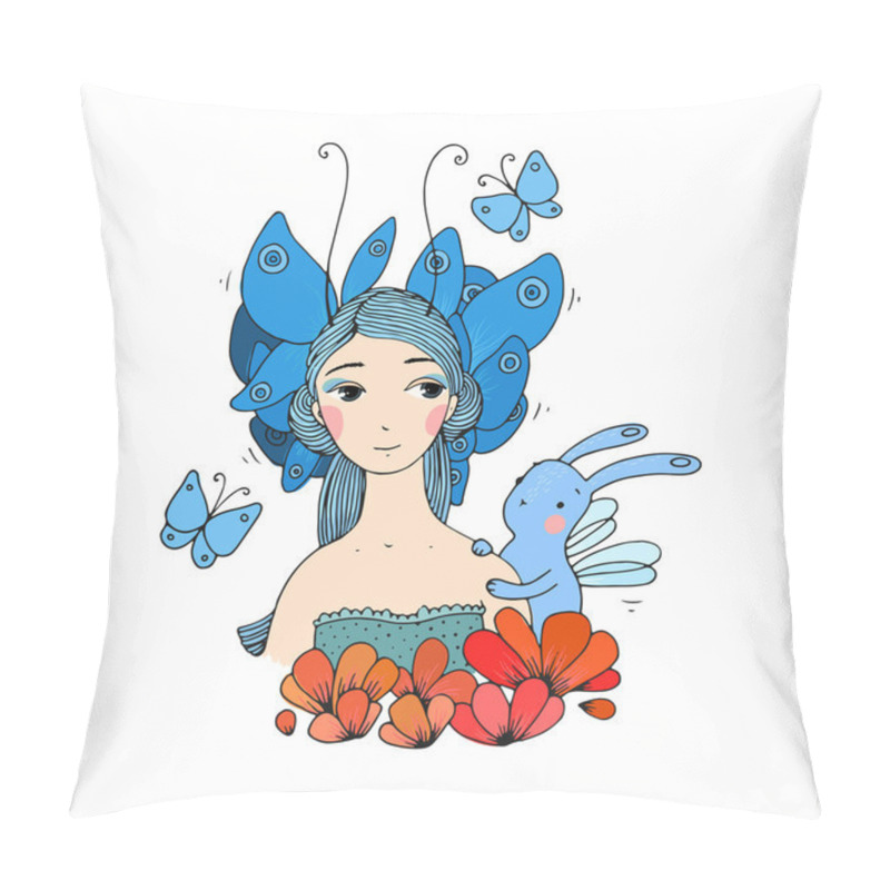 Personality  Beautiful Young Girl, Butterflies And Hare Pillow Covers